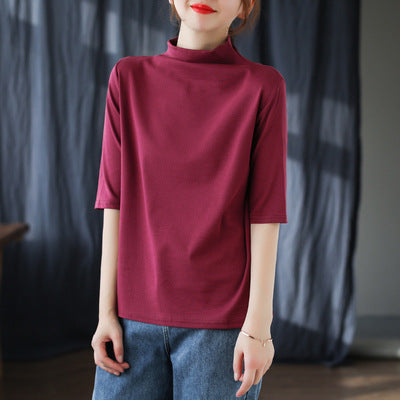 Blusa de Algodón Manga Media Suelta Cuello Alto Estilo Literario - Image 10