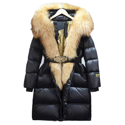 Chaqueta de Pato con Plumón y Cuello de Zorro Real - Abrigo Cálido Dorado Negro - Image 11