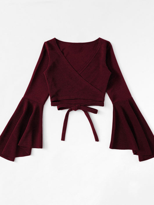 Blusa Crop Top Manga Murciélago Rojo Oscuro para Otoño e Invierno - Image 4