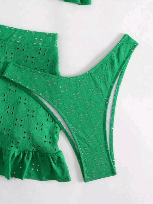 Light blue eyelet two-piece swimsuit set with a tie-front crop top and a matching ruffle-trim hip-hugging skirt. - Image 19