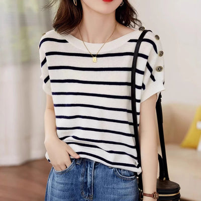 Blusa Rayada Ice Silk Manga Corta Ajustada y Cubriente - Image 4
