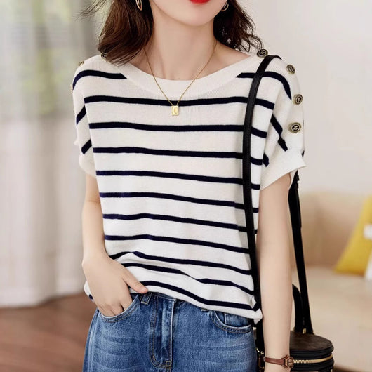 Blusa Rayada Ice Silk Manga Corta Ajustada y Cubriente - Image 4
