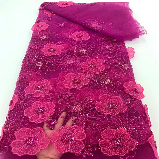 Tela de Malla Bordada 3D con Lentejuelas y Cuentas