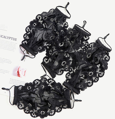 Black lace face mask with embroidered floral pattern and adjustable ear loops, designed for ladies. - Image 6