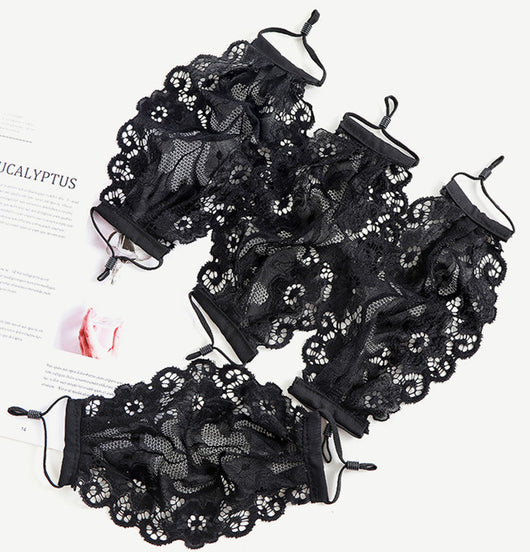 Black lace face mask with embroidered floral pattern and adjustable ear loops, designed for ladies. - Image 6
