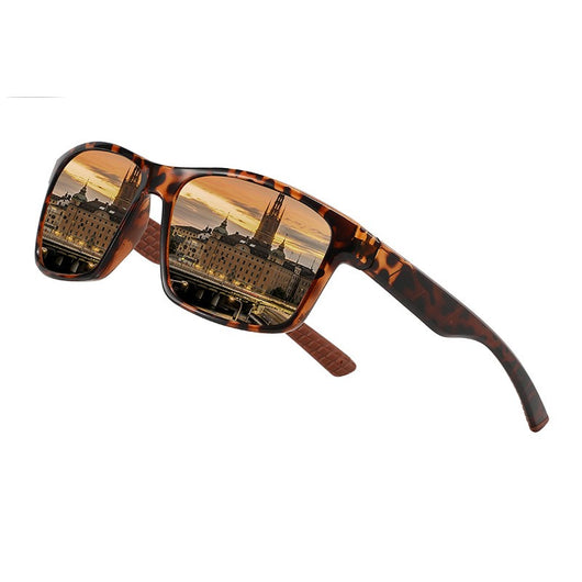 Black and blue polarized sports sunglasses with rectangular frames and blue mirrored lenses reflecting snowy mountains. - Image 11