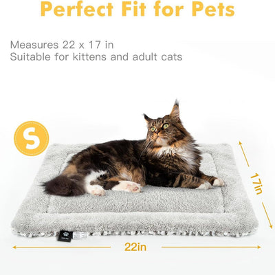 Light gray fluffy pet sleeping mat with a black and white French Bulldog sitting on it. Measures 27.5x18.5 inches. - Image 5