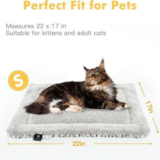 Light gray fluffy pet sleeping mat with a black and white French Bulldog sitting on it. Measures 27.5x18.5 inches. - Image 5