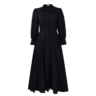 Vestido Camisero Elegante Manga Larga Ruedo Amplio Color Sólido - Image 7