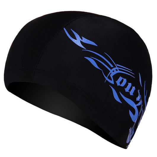Black cloth swimming cap with a blue tribal-style graphic design on the side. - Image 5