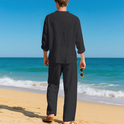 Conjunto de Pantalón y Camiseta Henley Suelta Transpirable para Hombre - Ropa de Playa Casual - Image 14