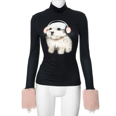 Blusa Manga Larga Cuello Alto con Estampado de Cachorros para Mujer - Image 7