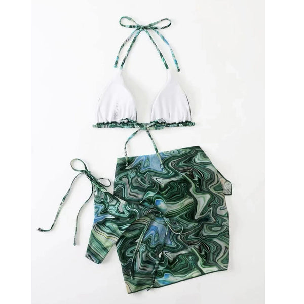 Conjunto de Traje de Baño Bikini Tres Piezas con Falda de Gasa Teñida - Image 3