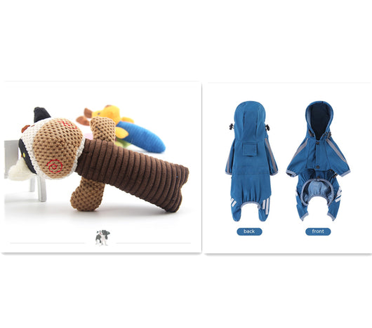 Yellow and blue plush dog toy with ribbed body, alongside a blue dog raincoat with hood and reflective strips. - Image 8