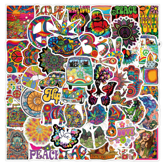 A hand holds a vibrant, tie-dye butterfly sticker with a black outline, against a blurred background of many other colorful, hippie-style stickers. - Image 9