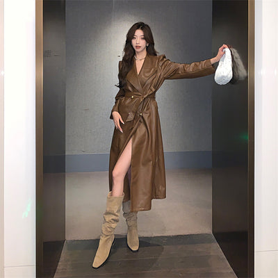 Abrigo Trench de Cuero Elegante para Mujer con Cintura Ajustable y Cordones - Image 3