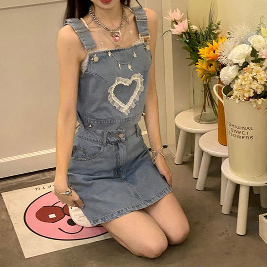 Conjunto Dos Piezas: Top Denim Fruncido y Falda A-línea Cintura Alta