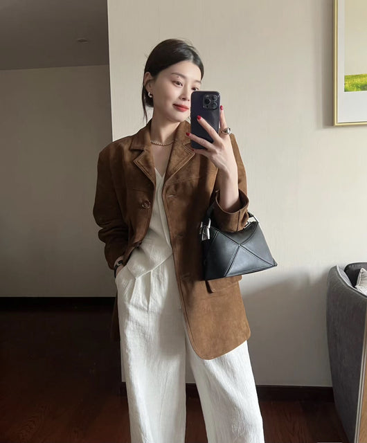 Blazer de Cuero Retro Marrón para Mujer - Image 27