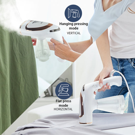 White and gold handheld folding steam iron with clear cistern, long bristle brush, fluff brush, and measuring cup. - Image 4
