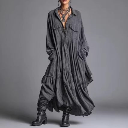 Vestido Camisero Retro Plisado Manga Larga Oversize