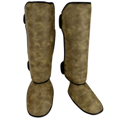 Pair of brown and black thickened shin guards for fighting and boxing, featuring a distressed leather-like texture. - Image 2