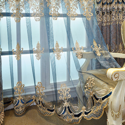 Blue sheer curtain with intricate gold and dark blue embroidery in a European classical style, draped over a window. - Image 9
