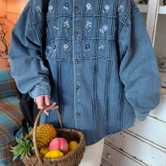 Camisa Denim Vintage Plisada Floral Lavado Clásico Manga Larga
