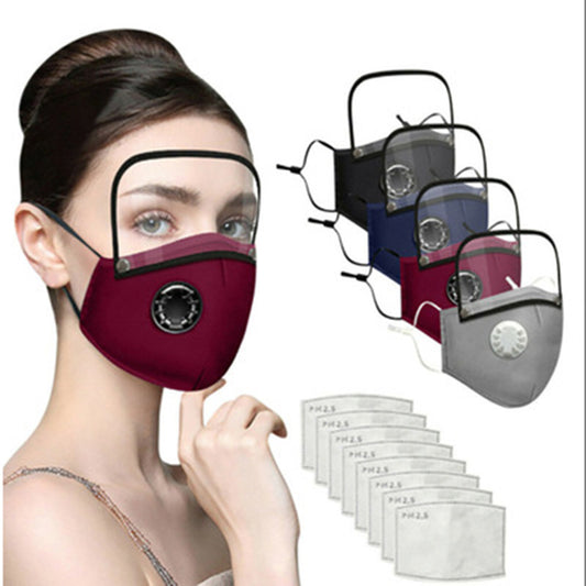 Gray cotton face mask with a breathing valve, adjustable ear loops, and a detachable clear face shield. Includes two PM2.5 filters.