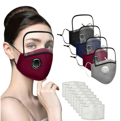 Gray cotton face mask with a breathing valve, adjustable ear loops, and a detachable clear face shield. Includes two PM2.5 filters.