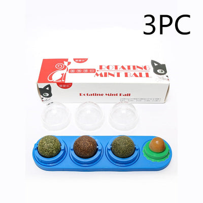 Cat toy with blue base, three rotating catnip/matatabi balls, and one licking candy, in a box labeled 'Rotating Mint Ball'. - Image 9