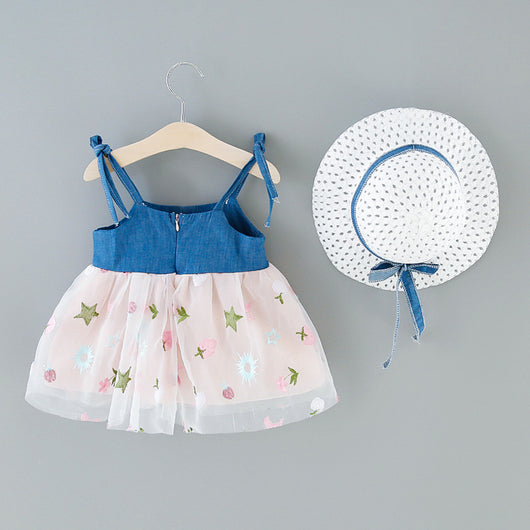 Vestido Infantil Denim con Detalles de Malla y Tirantes - Image 12