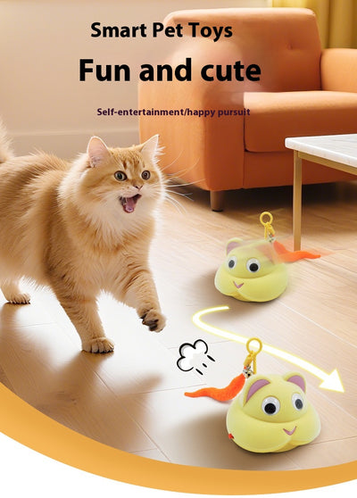 Gray pet toy shaped like a mouse or cat head with googly eyes, pink ears, and a yellow feather with a bell. - Image 8