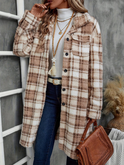Abrigo Largo Tipo Plaid Impreso para Mujer con Doble Forro Plush y Bolsillos Laterales - Image 12