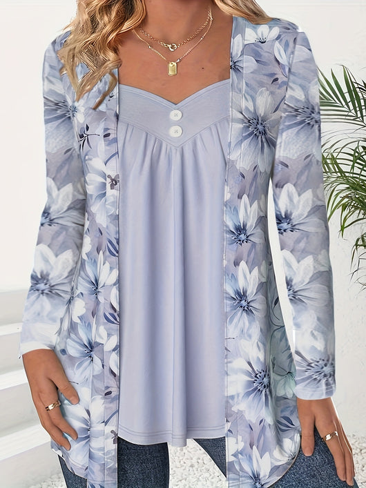 Blusa Estampada Dos en Uno con Botones y Mangas Largas - Image 10