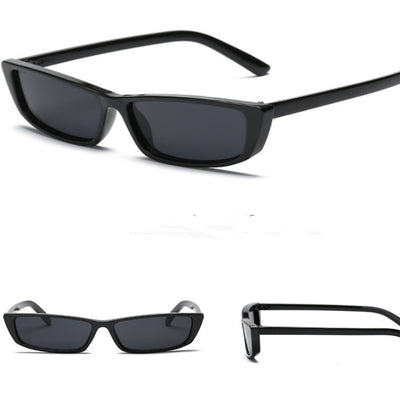 Black retro square sunglasses with small rectangular lenses, shown from top, front, and side views.