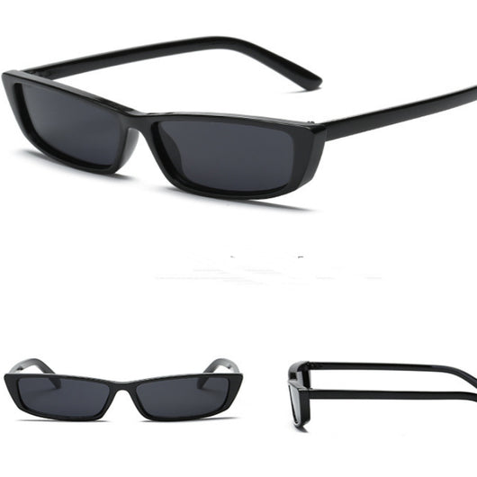 Black retro square sunglasses with small rectangular lenses, shown from top, front, and side views.