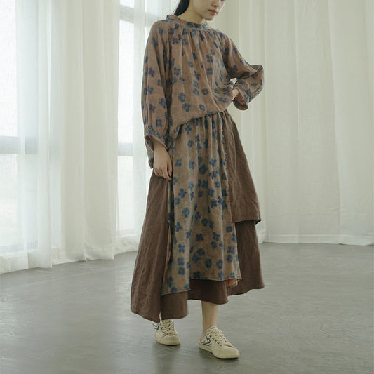 Vestido Largo Azul Teñido con Estampado Irregular Estilo Retro