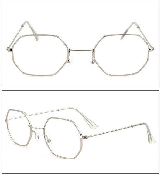 Silver polygonal sunglasses with clear lenses, featuring a thin metal frame and vintage style. - Image 11