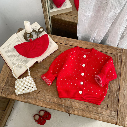 Cardigan Tejido Jacquard Rojo para Niña - Abrigo Elegante Otoño - Image 9