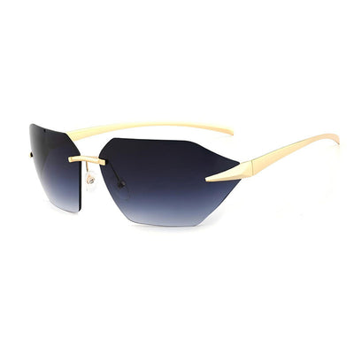 Trendy women's rimless cat-eye sunglasses with silver mirrored lenses and gold-colored metal temples. - Image 15