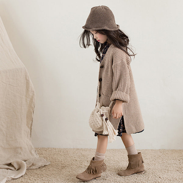 Cardigan Tejido de Botones para Niñas con Cuello Grueso