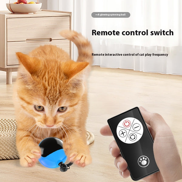 Blue and black rotating cat teasing ball with light, sound, and feather toy, controlled by a remote.