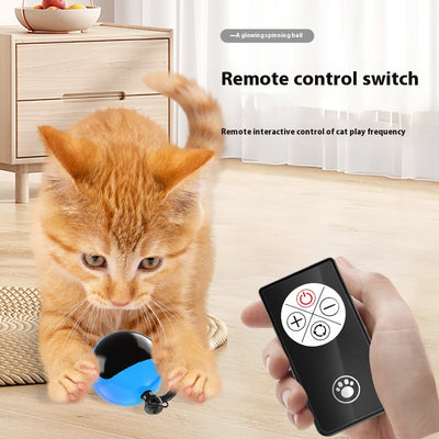 Blue and black rotating cat teasing ball with light, sound, and feather toy, controlled by a remote.