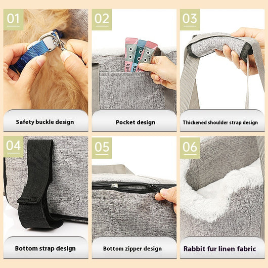 Grey pet car seat with plush white lining, designed for small dogs or cats, placed on a car's center console. - Image 4