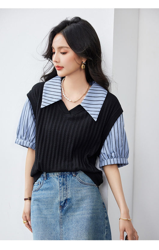 Blusa Esbeltecedora de Dos Piezas con Rayas y Mangas Puff - Image 18