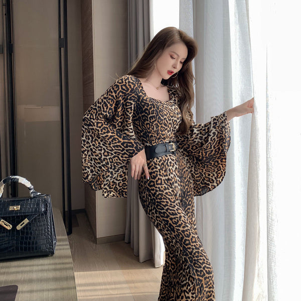 Jumpsuit Estampado Leopardo de Chifón con Manga Larga para Mujer