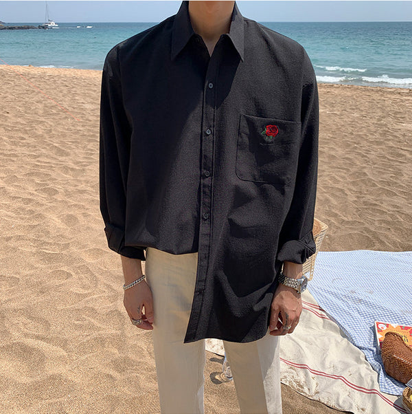 Camisa Manga Larga Bordada con Rosa para Hombre - Primavera y Verano
