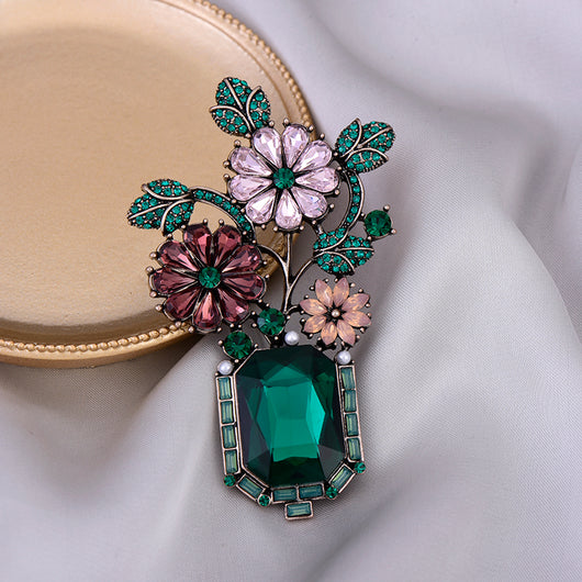 Broche Vintage Floral con Cristales de Imitación - Diseño Dorado y Verde - Image 4