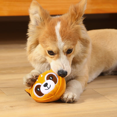 Plush pet toy shaped like a cartoon cow's head, featuring white, black, pink, and brown colors for dogs and cats.