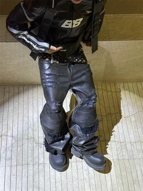Pantalones de Cuero con Efecto Vintage Desgastado